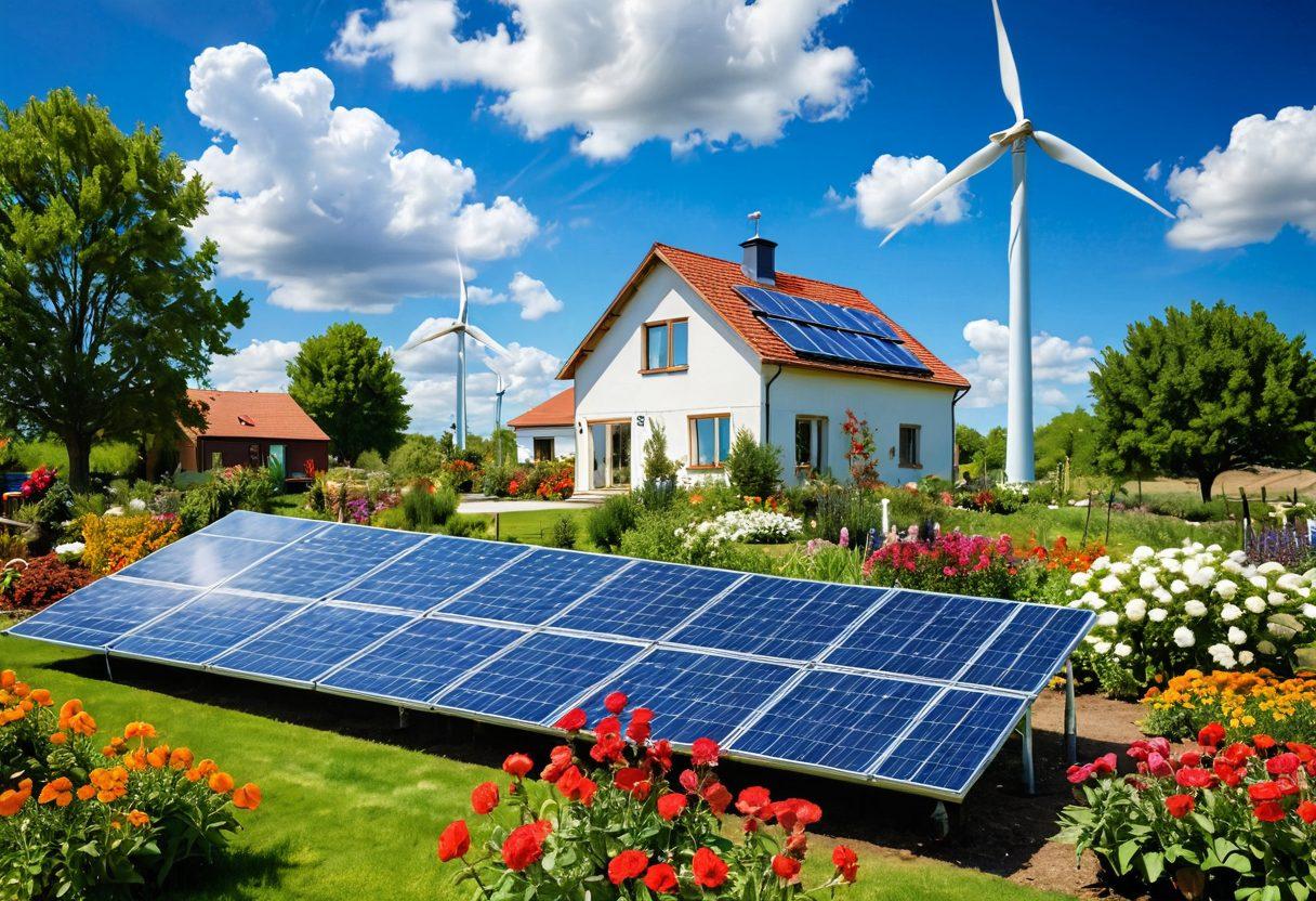 A serene landscape featuring solar panels glistening under the sun, wind turbines gently turning in the background, and a thriving garden filled with colorful flowers and vegetables. A joyful family is engaged in gardening, showcasing the harmony between clean energy and sustainable living. The sky is a bright blue with fluffy white clouds, symbolizing hope and positivity. super-realistic. vibrant colors.