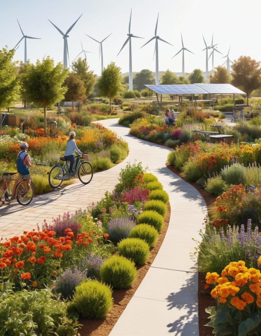 A serene landscape depicting a vibrant community garden filled with diverse flora, sustainable structures like solar panels and wind turbines in the background, people engaging in eco-friendly activities such as biking and planting, warm sunlight casting a golden glow over it all, symbolizing harmony between humans and nature. super-realistic. vibrant colors. white background.
