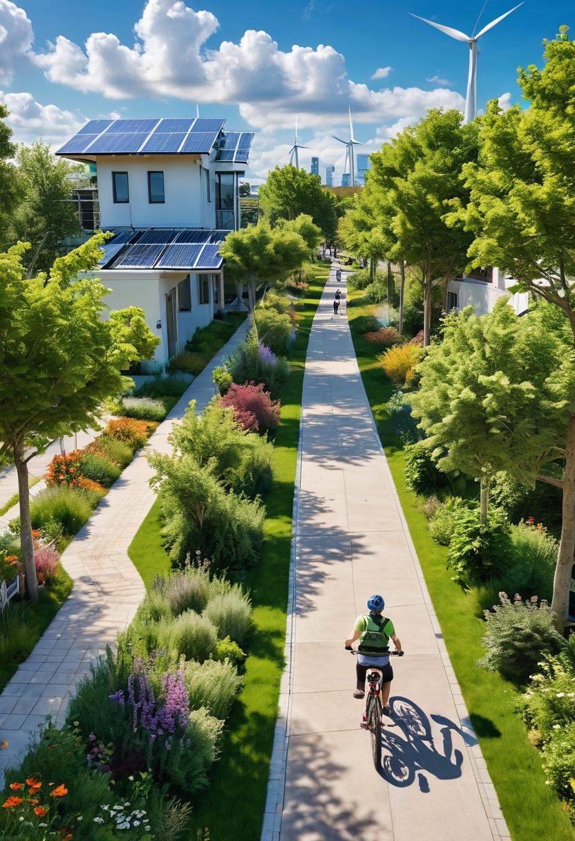 A vibrant landscape showcasing a lush green city powered by renewable energy, with solar panels and wind turbines integrated into nature. People of diverse backgrounds joyfully biking and walking along eco-friendly paths, surrounded by blooming plants and trees. The sky is bright with soft clouds, symbolizing a hopeful future. Include elements like electric cars and green rooftops. super-realistic. vibrant colors. white background.
